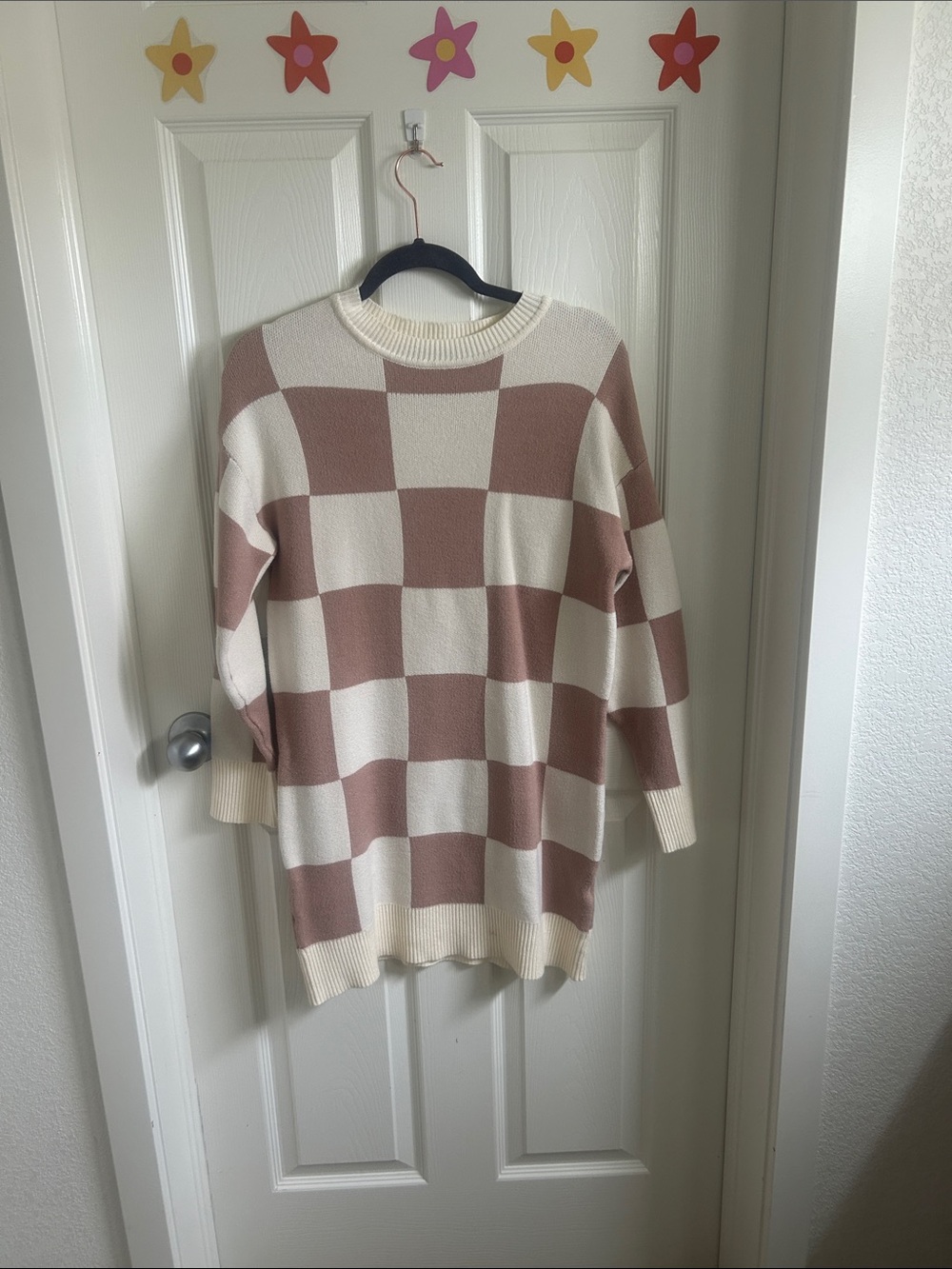 Checkerboard Crewneck Sweater in Dusty Pink & Cream